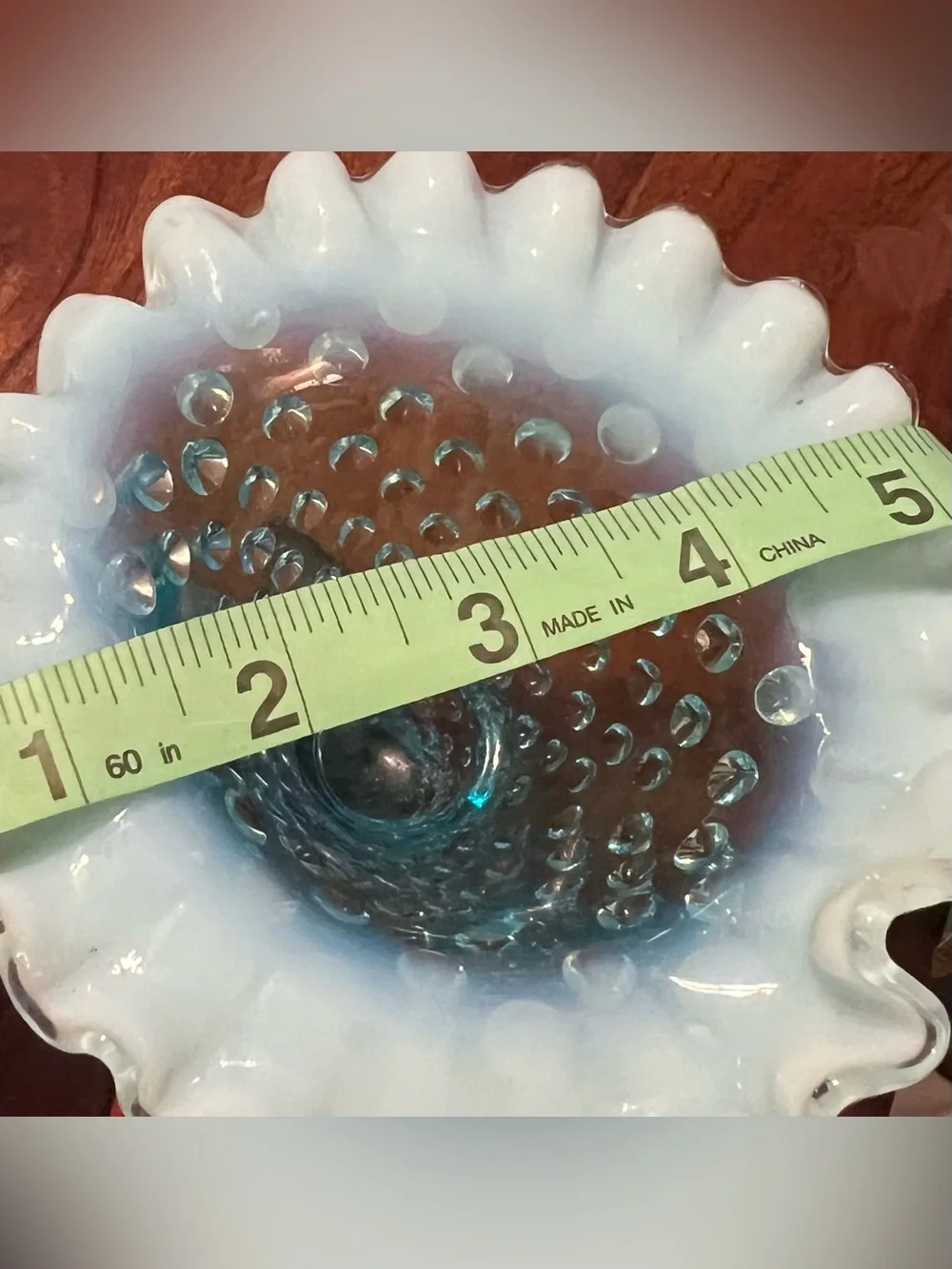 Vintage Fenton Blue Opalescent Hobnail Cornucopia Vase 6”